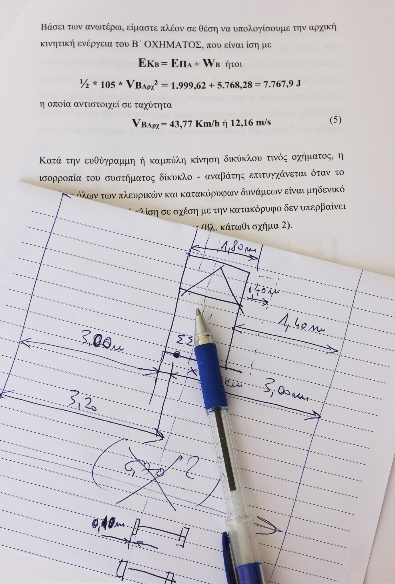Χειρόγραφο σκαρίφημα σύγκρουσης δίπλα σε σελίδα έκθεσης με υπολογισμό κινητικής ενέργειας και ταχύτητας οχήματος