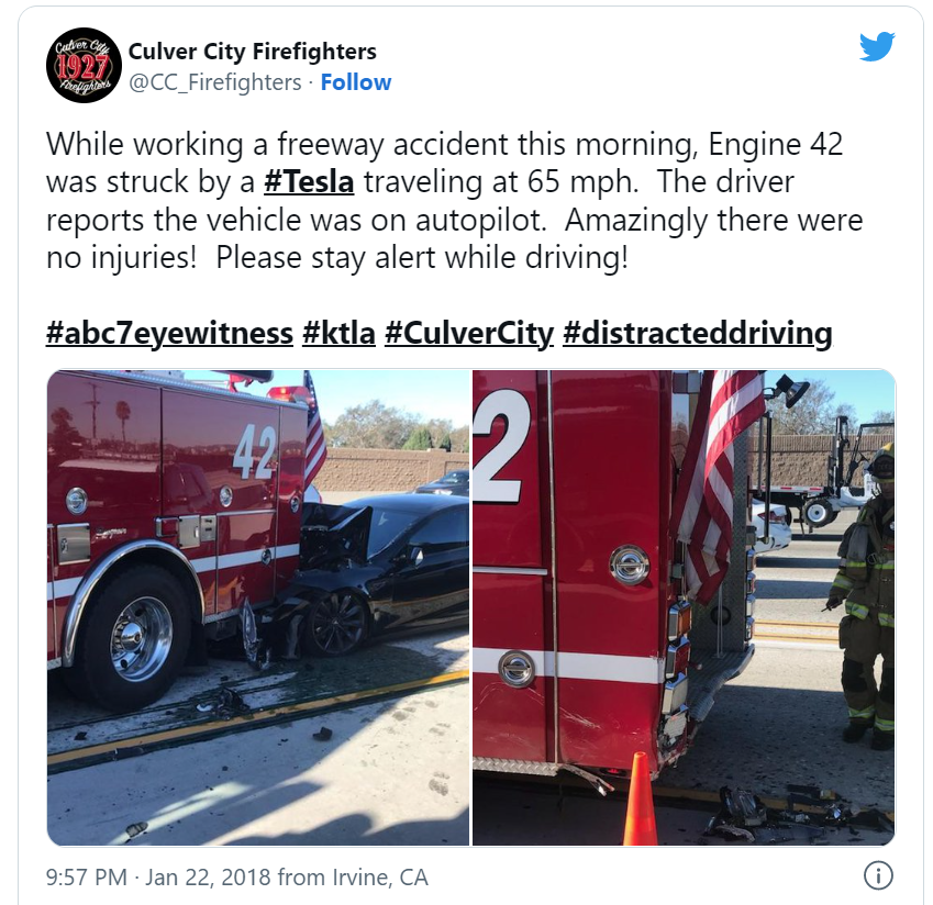 Ανάρτηση της πυροσβεστικής του Culver City για όχημα Tesla σε autopilot που προσέκρουσε σε πυροσβεστικό