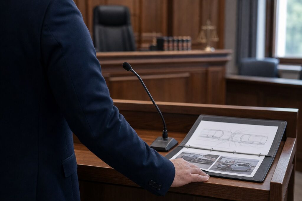 Πραγματογνώμονας παρουσιάζει τεχνικά στοιχεία τροχαίου ατυχήματος σε δικαστήριο